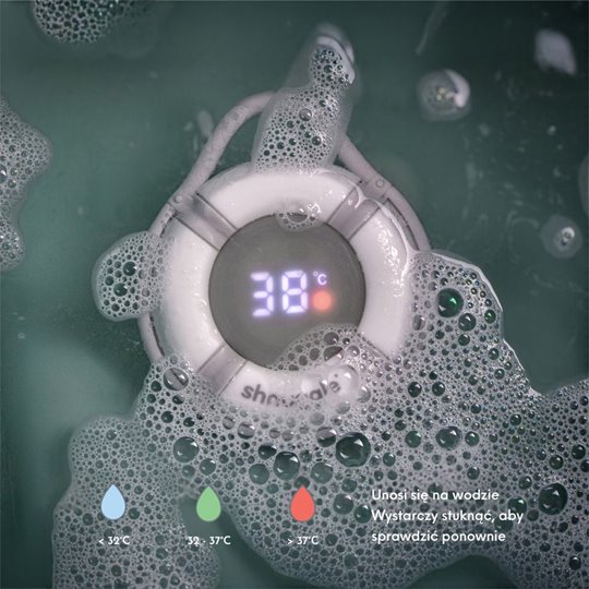 Pływający cyfrowy termometr do kąpieli niemowląt w kształcie koła ratunkowego z wyświetlaczem pokazującym 38°C