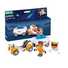 Zestaw zabawkowy z łazikiem kosmicznym, przyczepą, figurką astronauty i przezroczystym minerałem