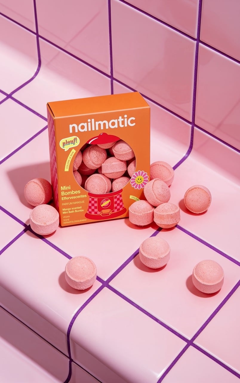 Różowe mini kule do kąpieli dla dzieci o zapachu mango, wśród nich pomarańczowe pudełko z okrągłym okienkiem