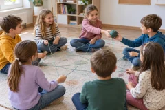 Dzieci siedzące w kręgu przekazują sobie zieloną włóczkę, tworząc sieć podczas zabawy integracyjnej